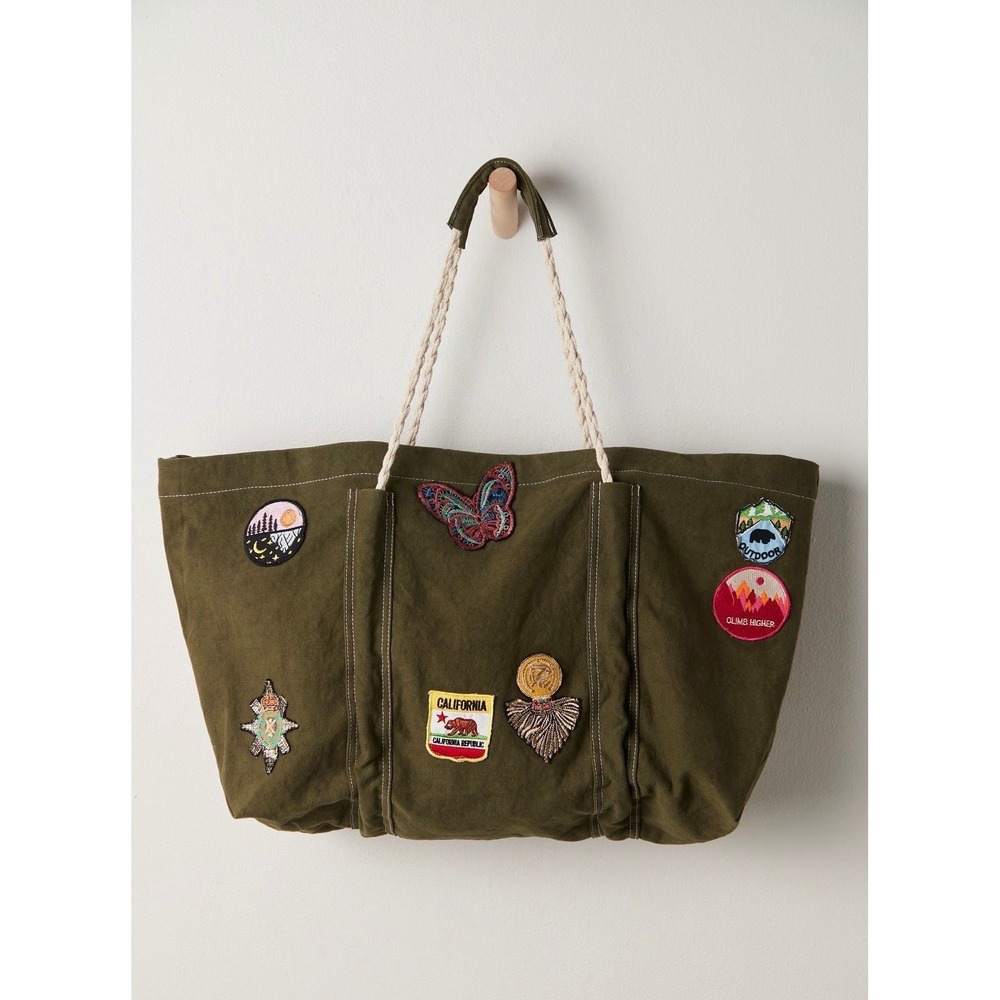 Free People Been There Badge Tote Bag NWT Green Patches